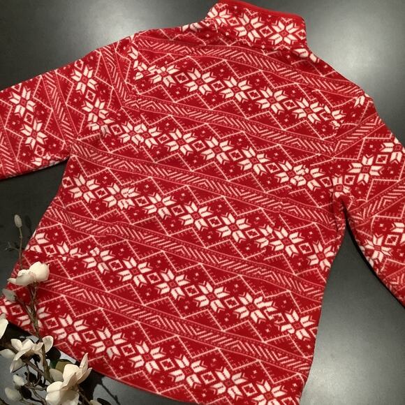Lands’ End Fair Isle Snowflake Quarter Zip Fleece Pullover Lightweight Red White - Picture 8 of 14